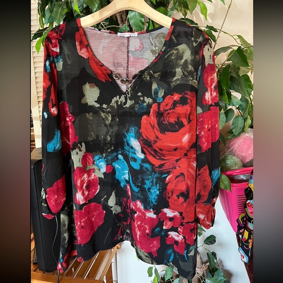 Notations Tops - Notations Red Graphic Blouse with Scoop Neckline